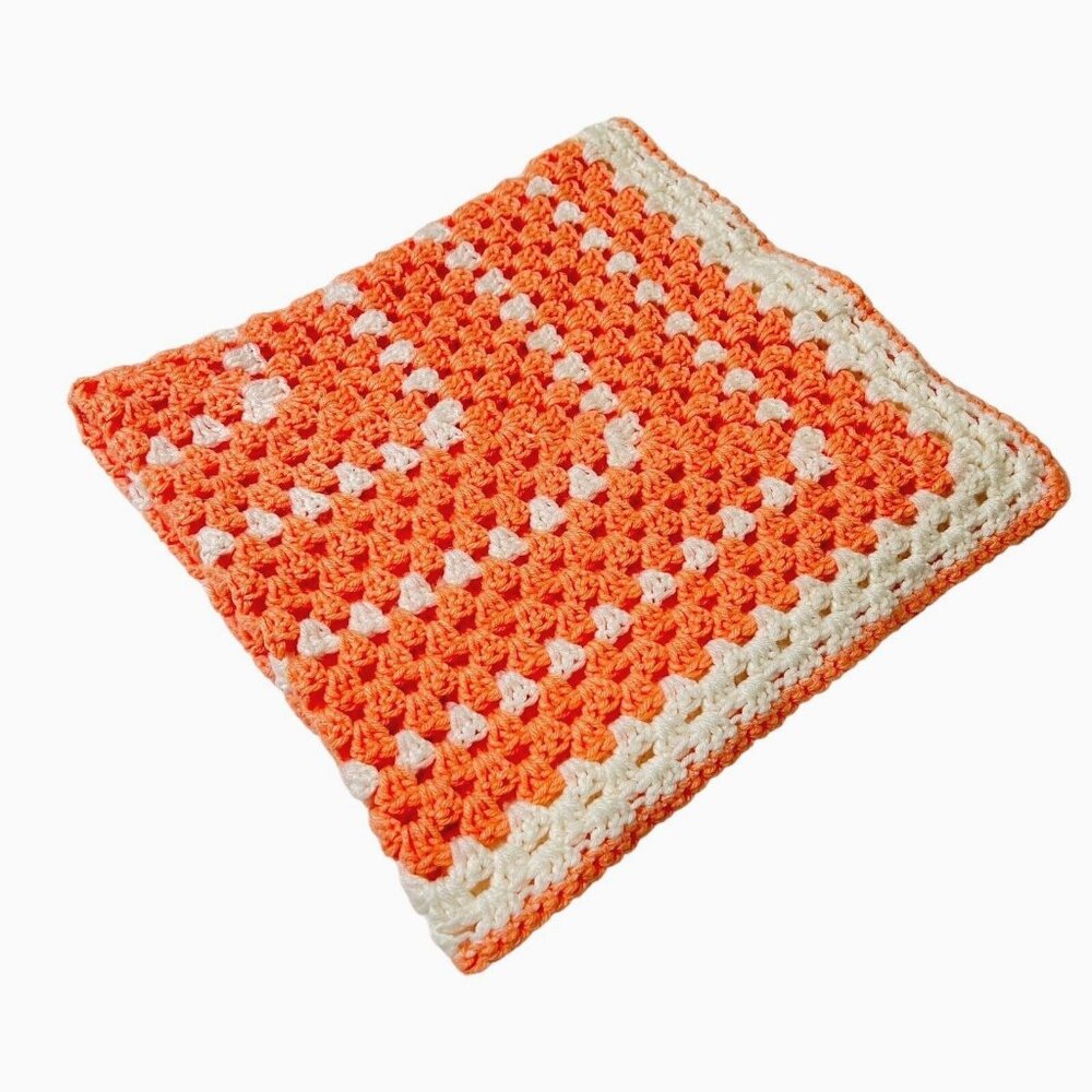 Handmade Crochet Baby Blanket Afghan Pastel Coral and White 32" x 32" Soft